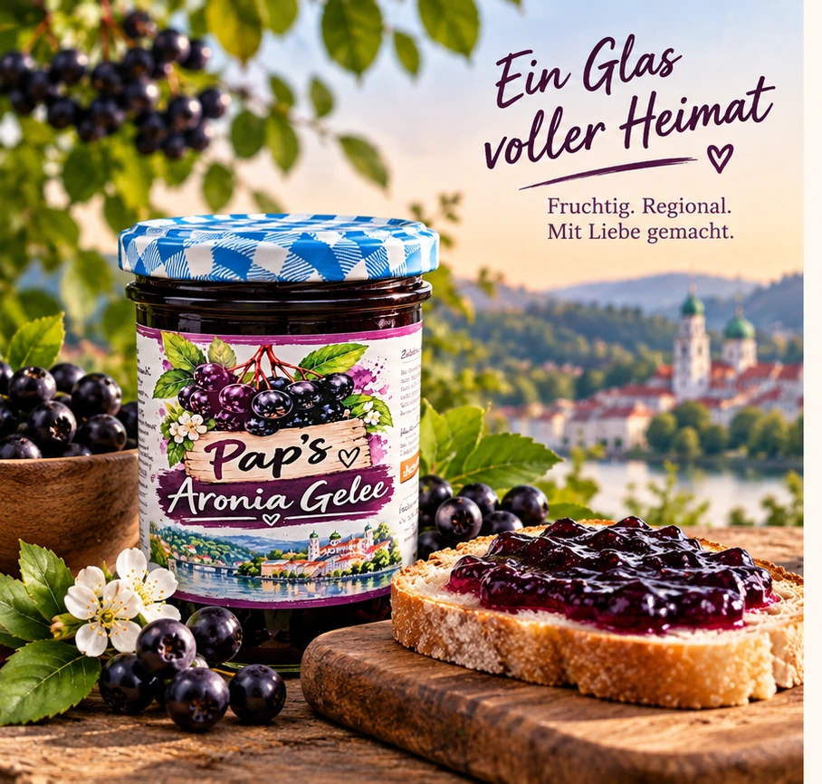 Pap’s Aronia Gelee mit Aroniabeeren und Geleebrot vor der Passauer Kulisse